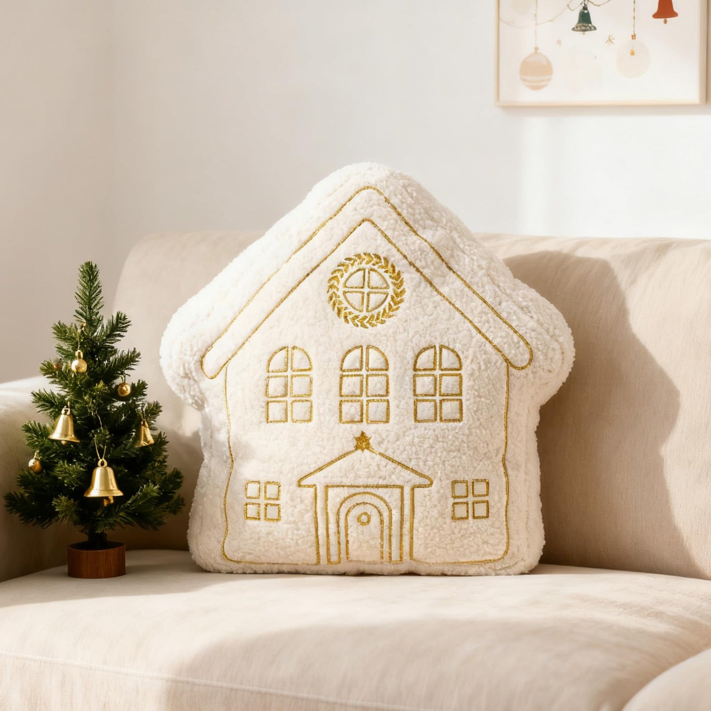 DN DECONATION House Shape Christmas Pillow, White Decorative Pillow 15In - Gold Embroidered Faux Fur Holiday Throw Pillow for Sofa Bedroom Home Christmas Decor