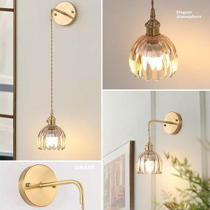 Battery Operated Wall Sconce with Amber Tulip Shade Pattern Glass Adjustable Chain Retro Gold Wall Mounted Light, Modern Wall Decor for Bedside Bedroom Indoor Doorway， Set of 2