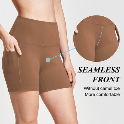 baleaf Biker Shorts Women Yoga Gym Workout Spandex Running Volleyball Tummy Control Compression with Pockets Soft 5" Brown S