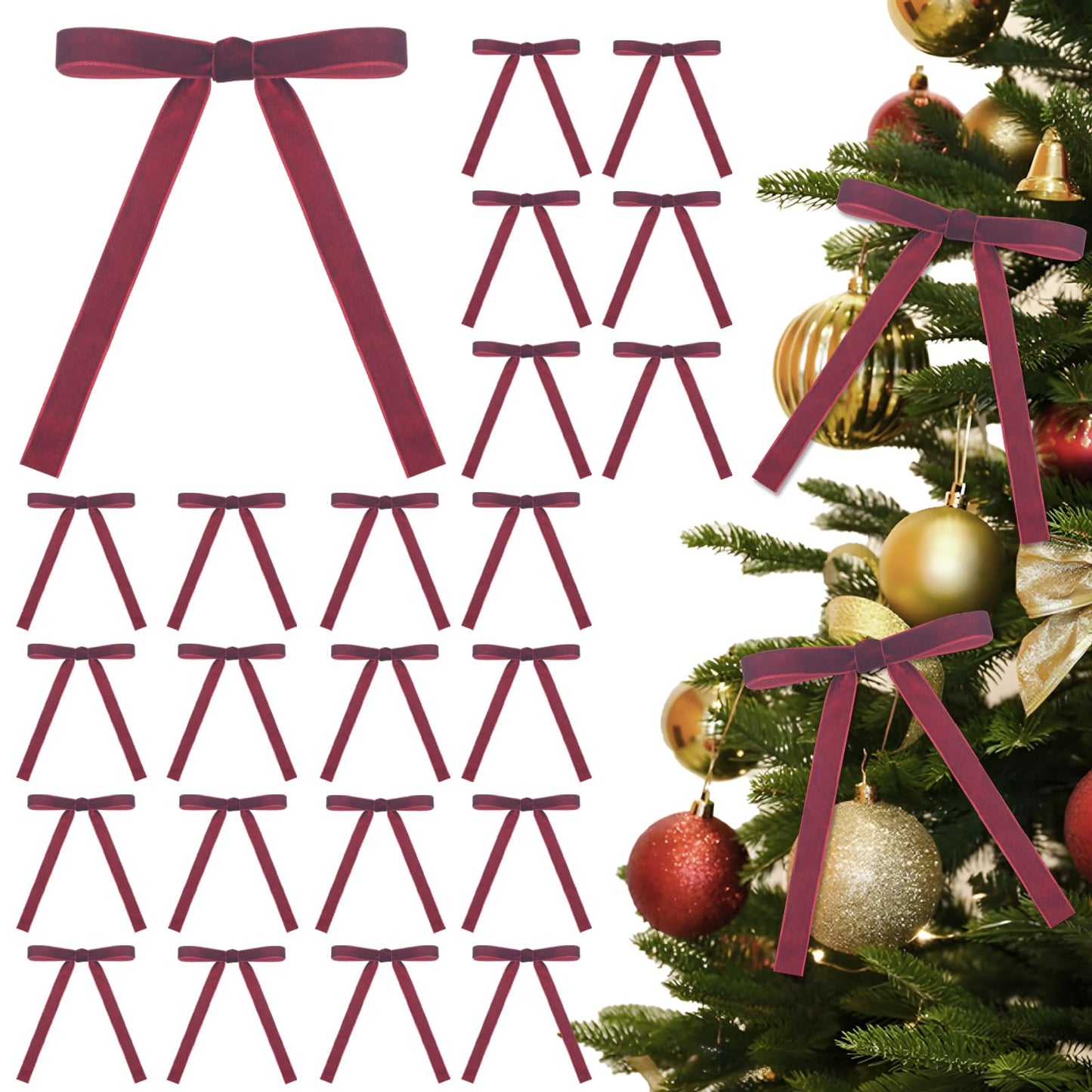 Burgundy Velvet Bows for Christmas Tree, 24 PCS Small Dark Red Christmas Bows Decorations, Maroon Bow Ornaments for Xmas Tree, Wreaths, Garland, Holiday, Gift Wrapping - 5/8'' Wide, 5 × 7 inch