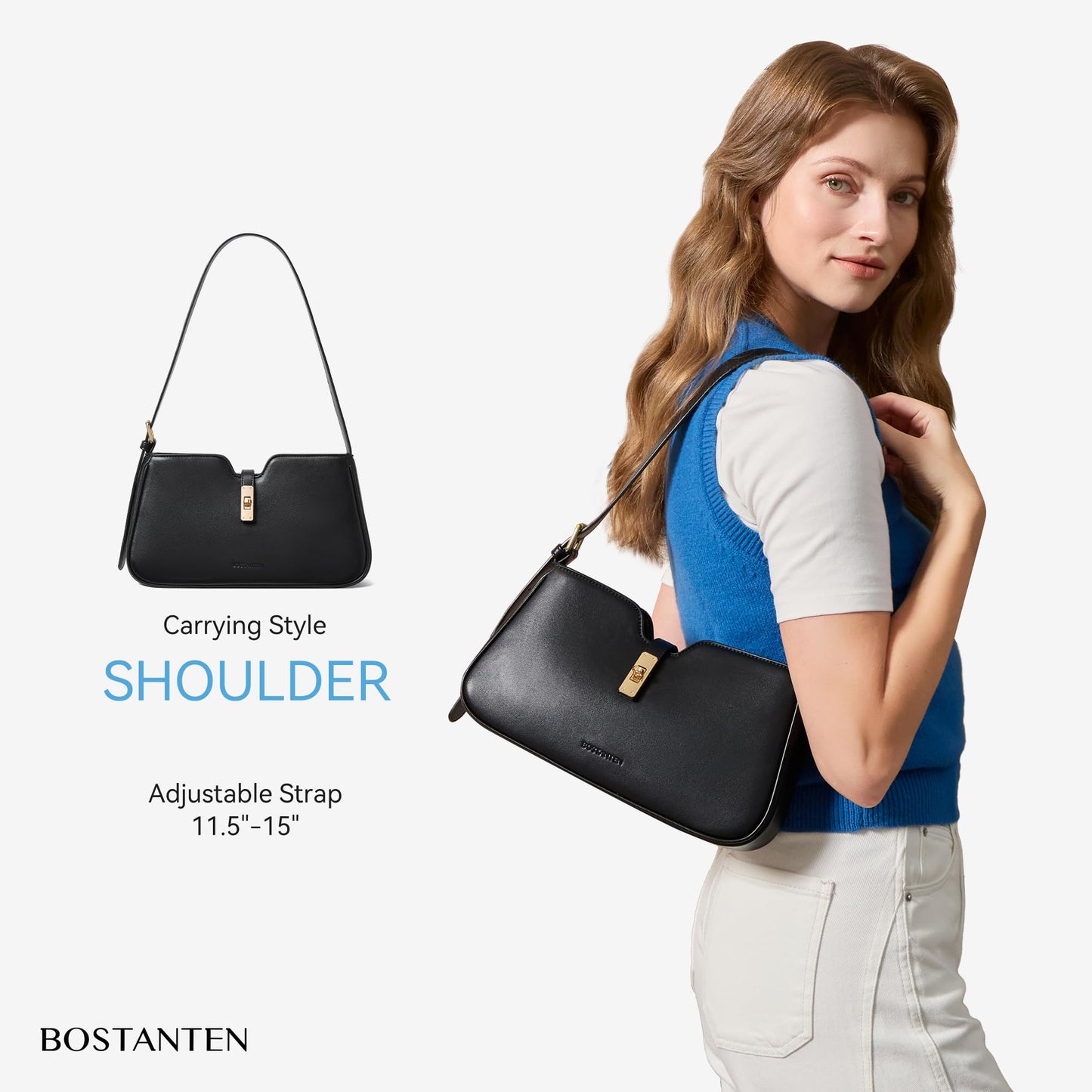 BOSTANTEN Shoulder Bag for Women, Casual Shoulder Purse Vegan Leather Chic Hobo Handbag with Adjustable Strap for Work Travel