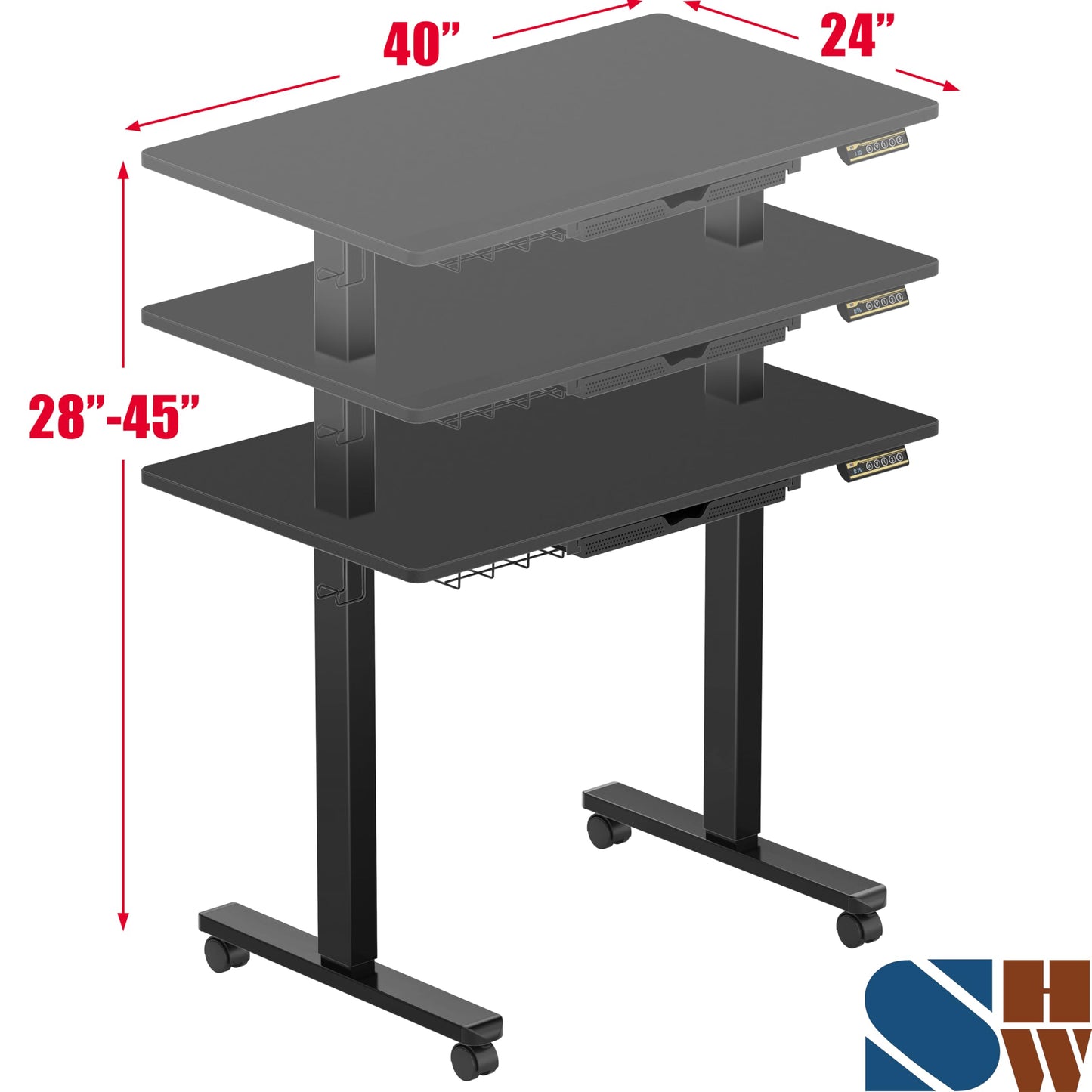 SHW 40-Inch Mobile Electric Height Adjustable Sit to Stand Desk with Drawer, Hanging Hooks and Cable Management, Black