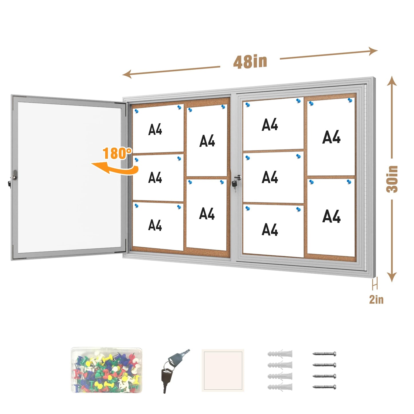 Mifuro 48"x30" Enclosed Bulletin Board, Outdoor Lockable Weather-Resistant Aluminum Cork Noticeboard for School & Office, Silver Frame w/Cork