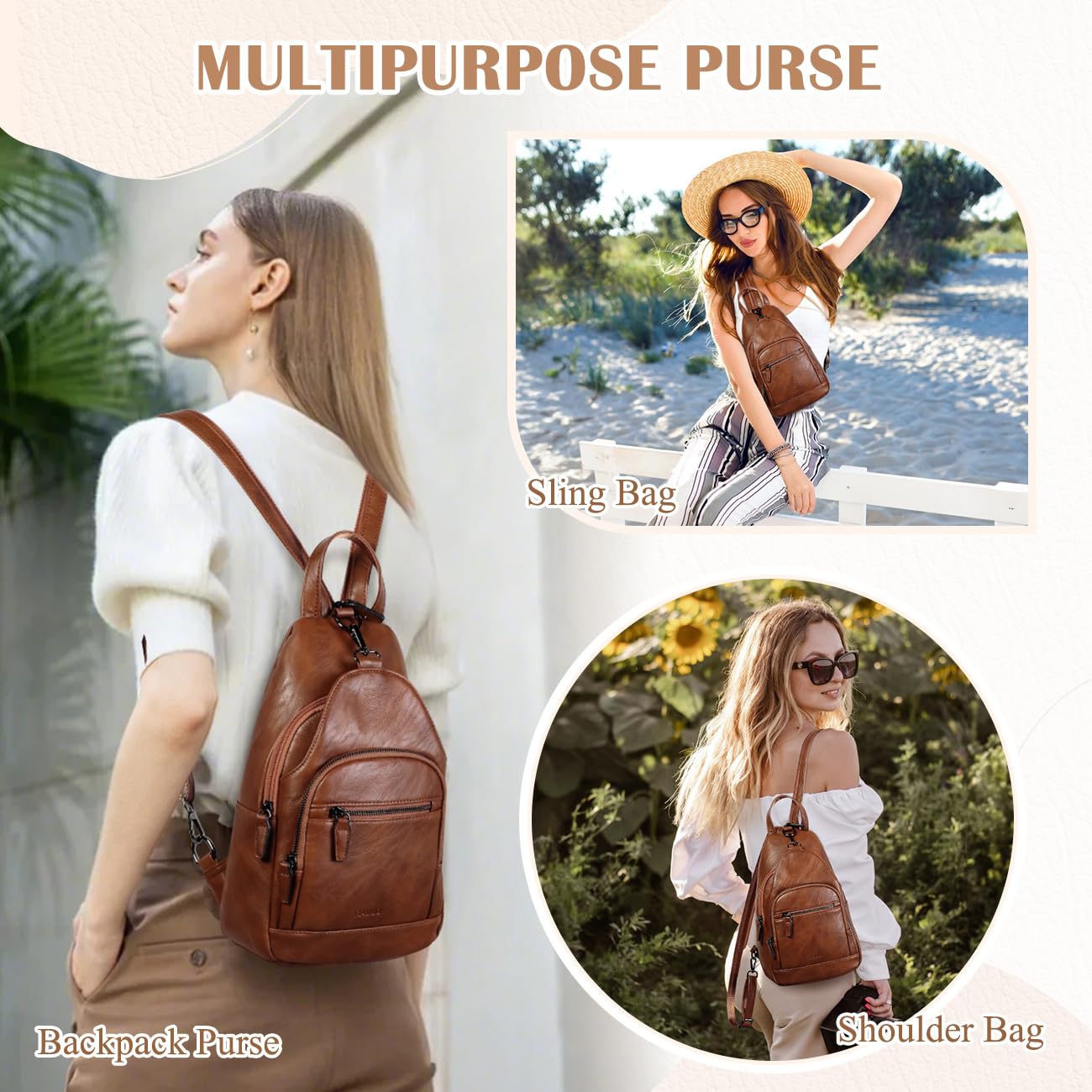 RAVUO Backpack Purse for Women, Anti Theft Sling Crossbody Bag Ladies Convertible Shoulder Daypack Casual Chest Bag for Travel Hiking College,Brown