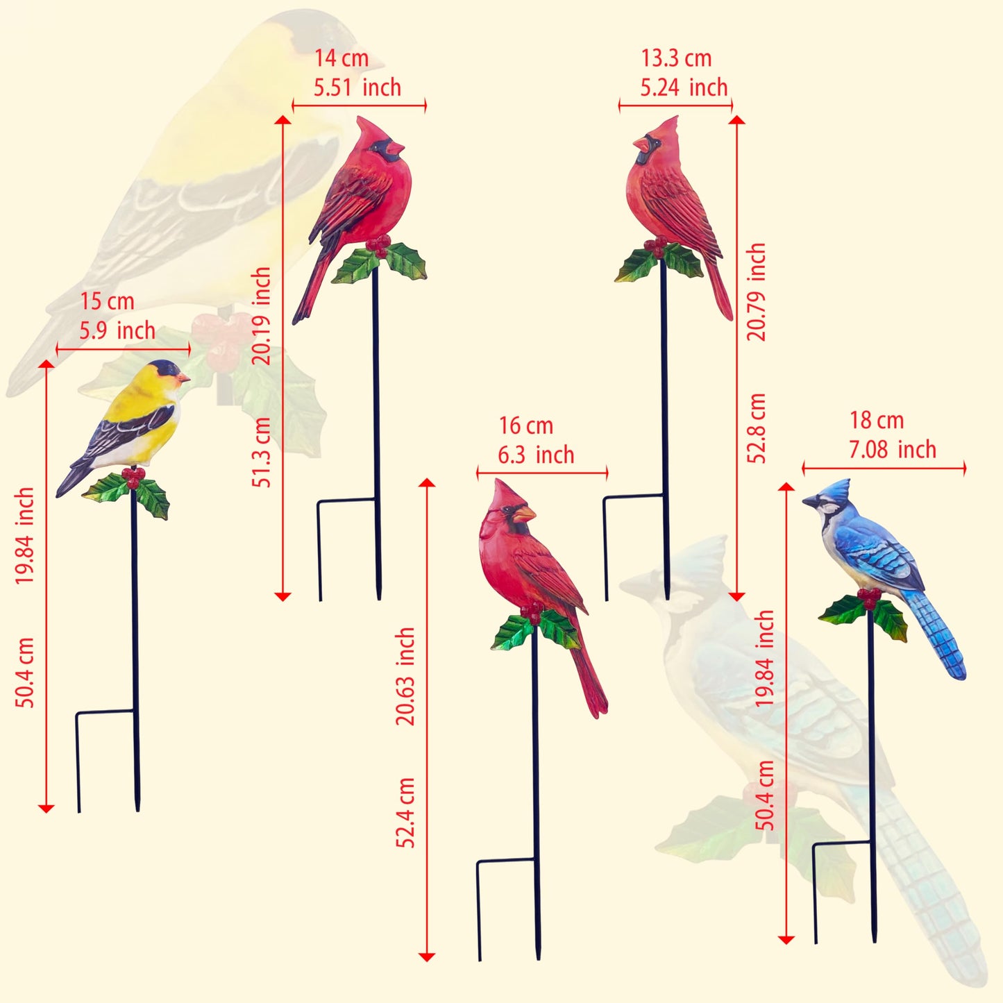 VividLadybug Metal Cardinal Garden Stakes 5 Pack Outdoor Yard Art, Outside Decor for Yard,Garden, Patio Decorations - Bird Lover Gifts