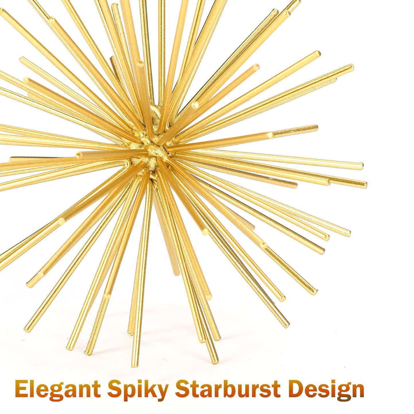 Metal Decorative Starburst Ball, 6 Inch Gold Sphere Decor, Spiky Star Burst Tabletop Sculpture, Mid-Century Modern Metal Spike Ball for Home, Living Room, Office & Shelf Decor