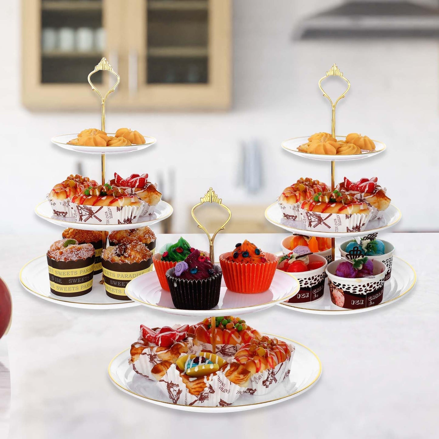 wutfuooo 3 Pack Tiered Cupcake Stand, Plastic Cupcake Stand Tower, 3 Tier Round Shape Dessert Serving Tray, White Cookie Candy Buffet Stand for Tea Party, Baby Shower, Wedding, Birthday, Christmas