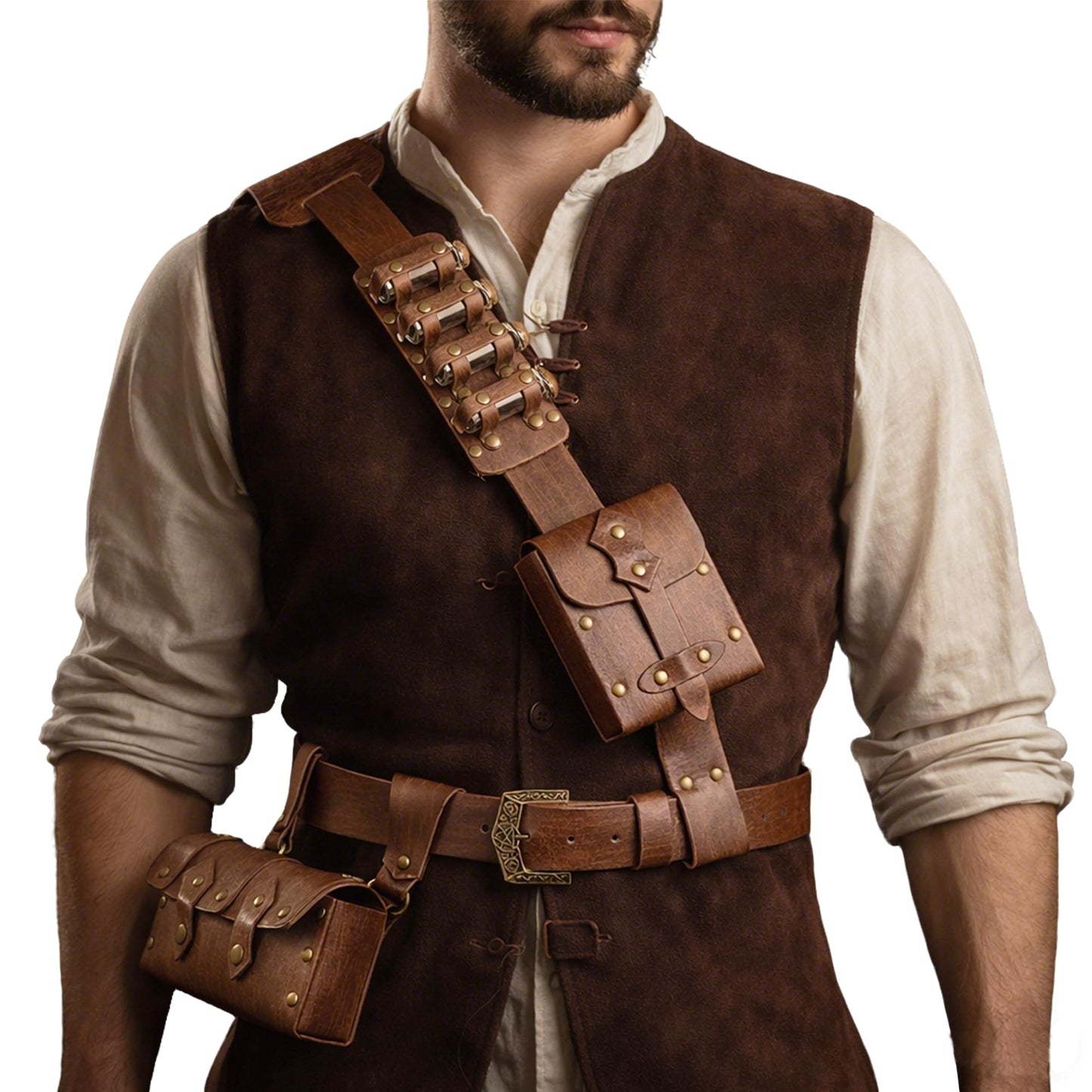 Whssusie Renaissance Accessories Men, 6-Pcs Medieval Alchemy Faux Leather Belt Pouch with 4 Cork Potion Vials Fantasy Wizard Waist Pouch Side Pack for Ren Faire Halloween, Brown