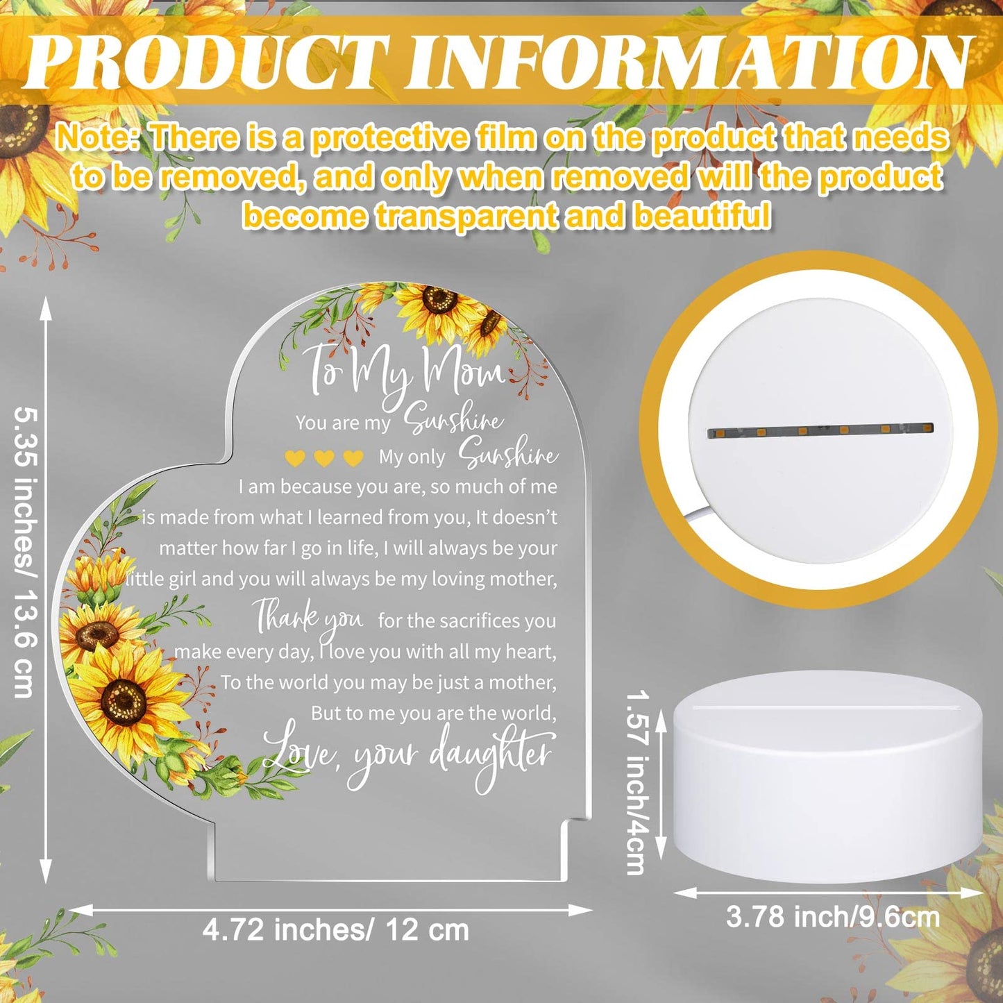 Jetec Mothers Day Birthday Gifts from Daughter Son Christmas Thank You Gift for Mom Sunflower Engraved Acrylic Heart Lamps USB Low Power Night Light Table Decor(to My Mom)
