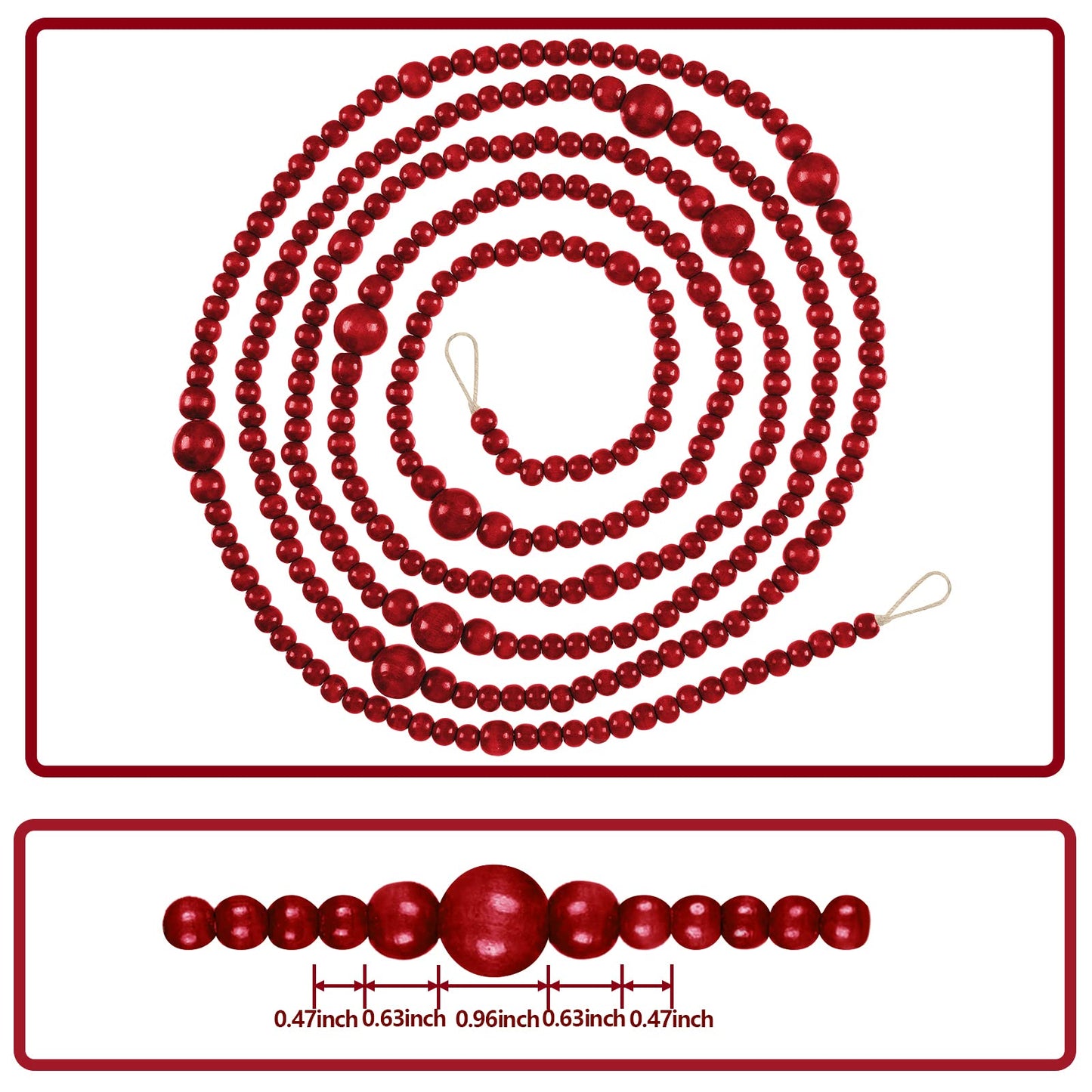 12 Feet Summer Christmas Wooden Beads Garland Round Craft Farmhouse Vintage Christmas in July Wood Bead Garlands for Xmas Supplies(Dark Red)