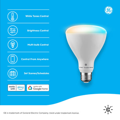 GE CYNC Smart LED Light Bulbs, Tunable White, Bluetooth and Wi-Fi, Works with Alexa and Google, A19 (2 Pack)