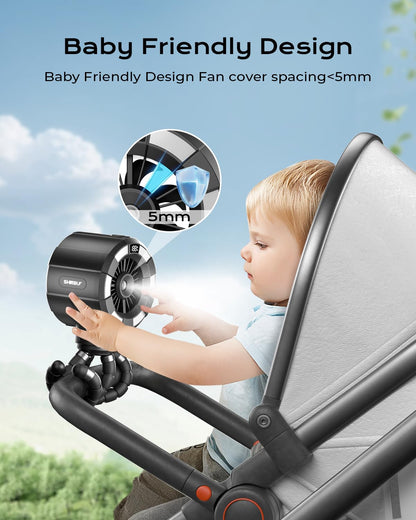 Shirble 6000mAh Misting Fan for Stroller, 3 Speeds Portable Clip Fan with Intermittent/Continuous Spray, 14H Cooling, Detachable Mount, Timer & Night Light for Baby (100ML Water Tank) - Black