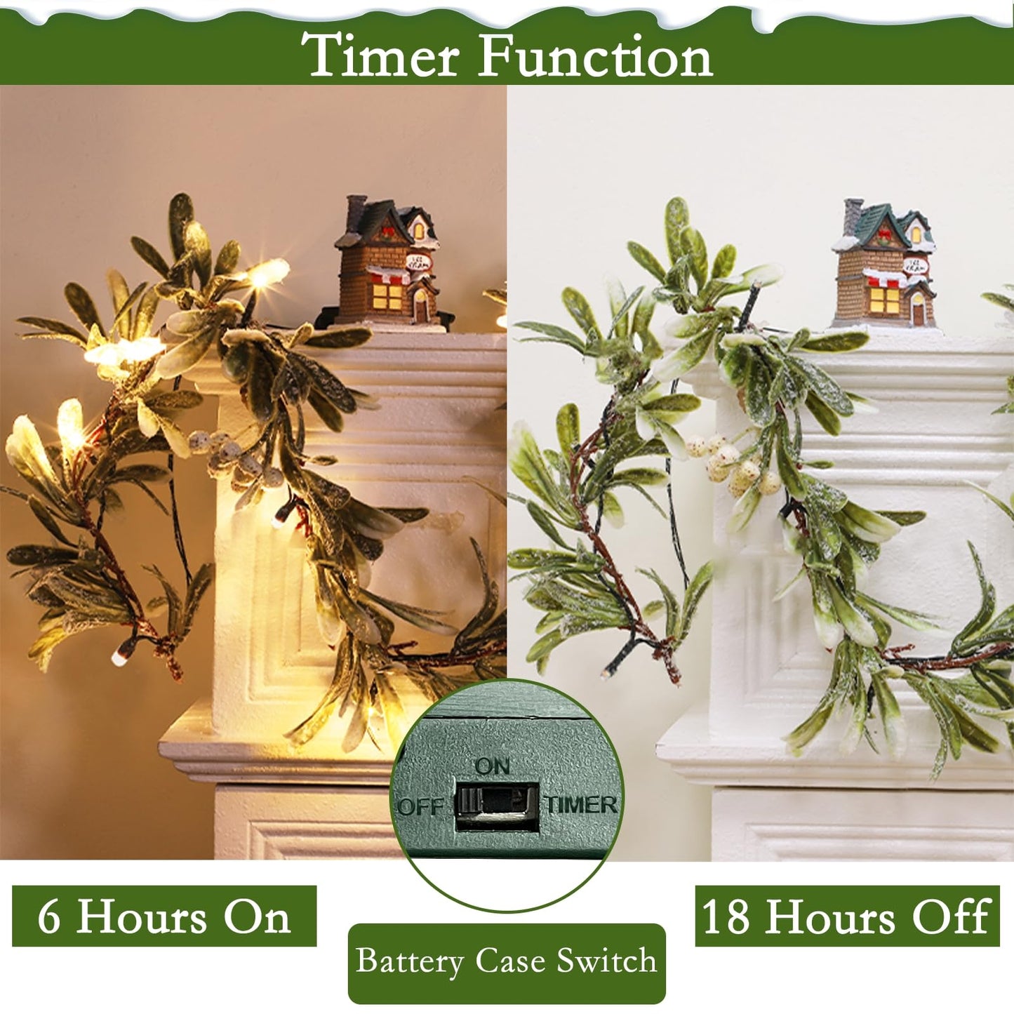 6 FT Mistletoe Lighted Christmas Garland, Prelit Flocked Cedar Garland with Lights Mistletoe Leaves White Berry Pinecorn Warm White Lights Timer, Mantel Party Table Fireplace Home Xmas Decor