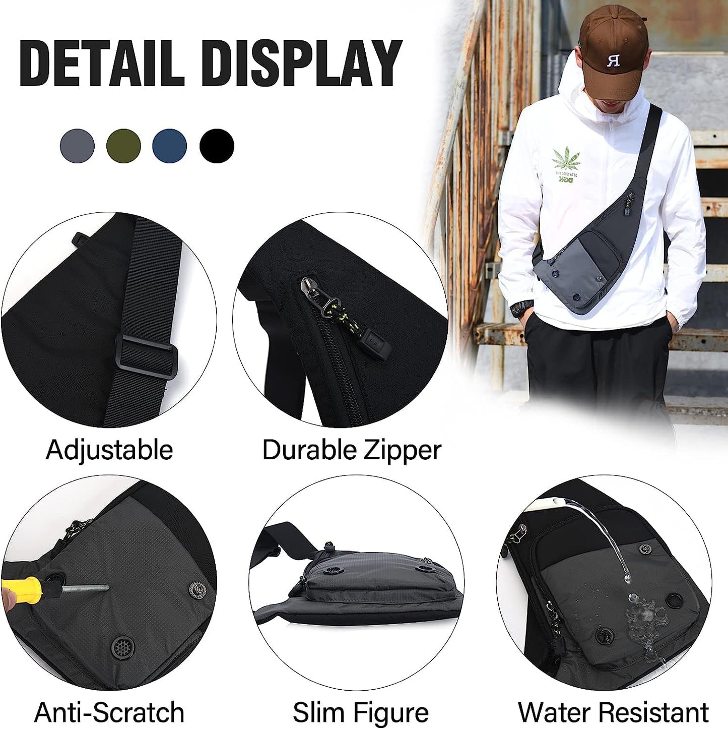 Peicees Small Sling Bag For Men Waterproof Crossbody Bag Man Purse Slim Chest Backpack Shoulder Bag For Travel Hiking