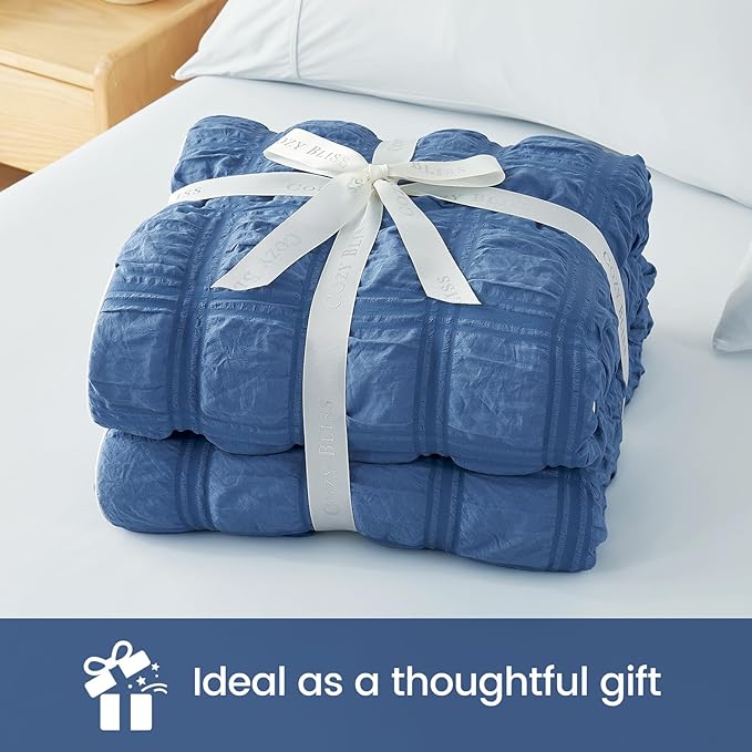 Cozy Bliss Cooling Comforter Seersucker Plaid King, Q-Max 0.4 Reversible Lightweight Cooling Blanket, Breathable Silk Smooth Summer Bedding Quilt for Hot Sleepers Night Sweats Denim Blue