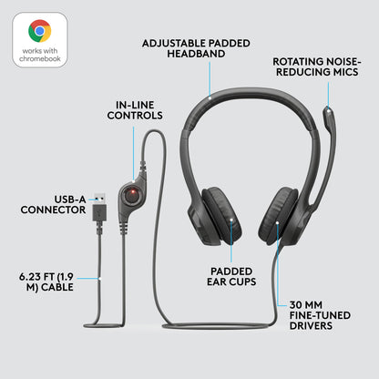 Logitech H390 Wired Headset for PC/Laptop, Stereo Headphones with Noise Cancelling Microphone, USB-A, in-Line Controls, Works with Chromebook - Black