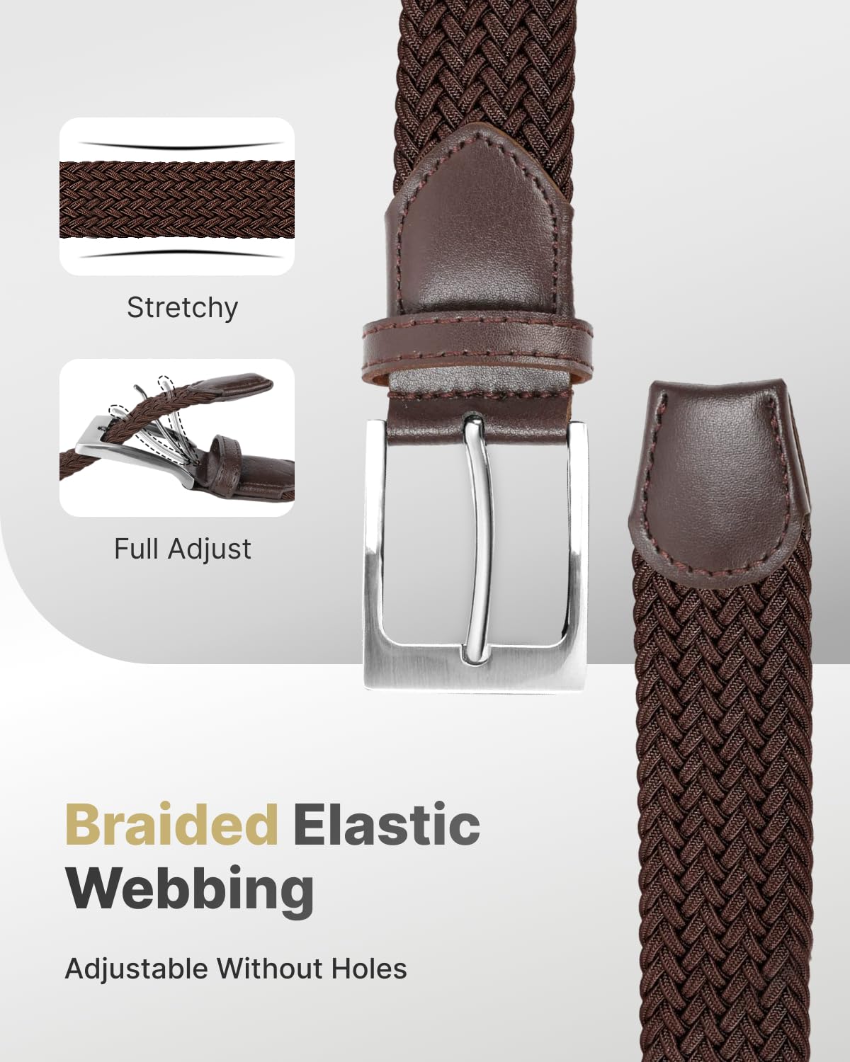 FAIRWIN Mens And Womens Stretchy Belts for Jeans Braided Casual Golf Belt 1 3/8/'' Brown Belts for Men Stretch Nylon Mesh Belt