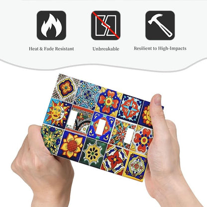 Traditional Colorful Talavera Mexican Spanish Moroccan Tiles 3 Gang Wall Plates Decorative Triple Toggle Light Switch Cover Electrical Switchplate Unused Decorate Faceplate for Bathroom Home