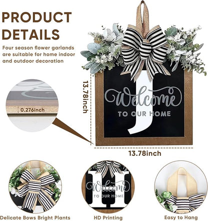 Ultra Large 14'' Last Name All Year Round Front Door Wreath with 26 Initial Letter Welcome Sign All Seasons Eucalyptus Garland and Bow Wreaths for Front Door Porch Farmhouse Decoration (J)