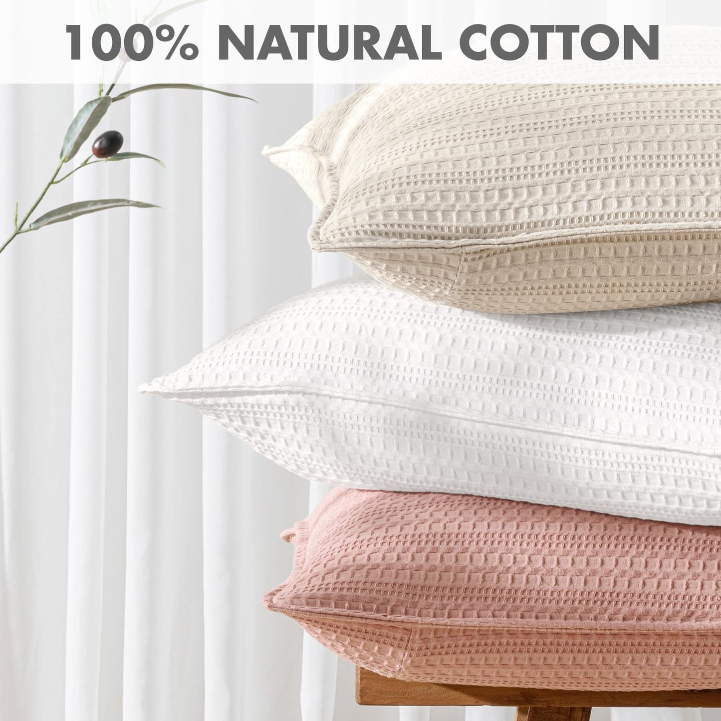 Woaboy Set of 2 Decorative 100% Cotton Waffle Throw Pillow Covers 18x18, Neutral Euro Shams Weave European Cushion Cases for Couch Sofa Bed Modern Farmhouse Home Decor, White
