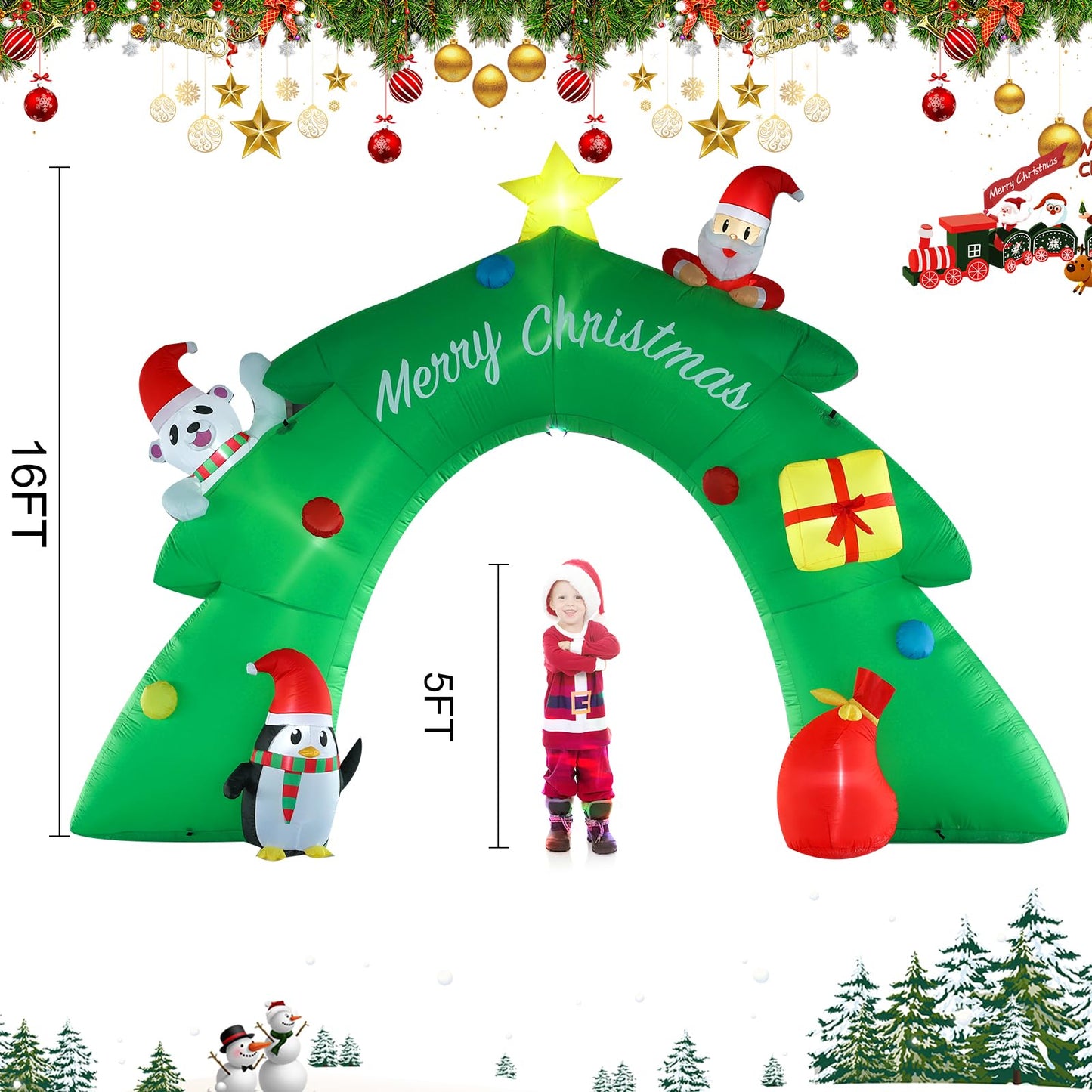 InfleasJoiy 16FT Christmas Tree Arch Inflatable Christmas Decoration with LED Lights and Kaleidoscope Lights for Holiday Celebration Decorations on Yard, Lawn and Patio