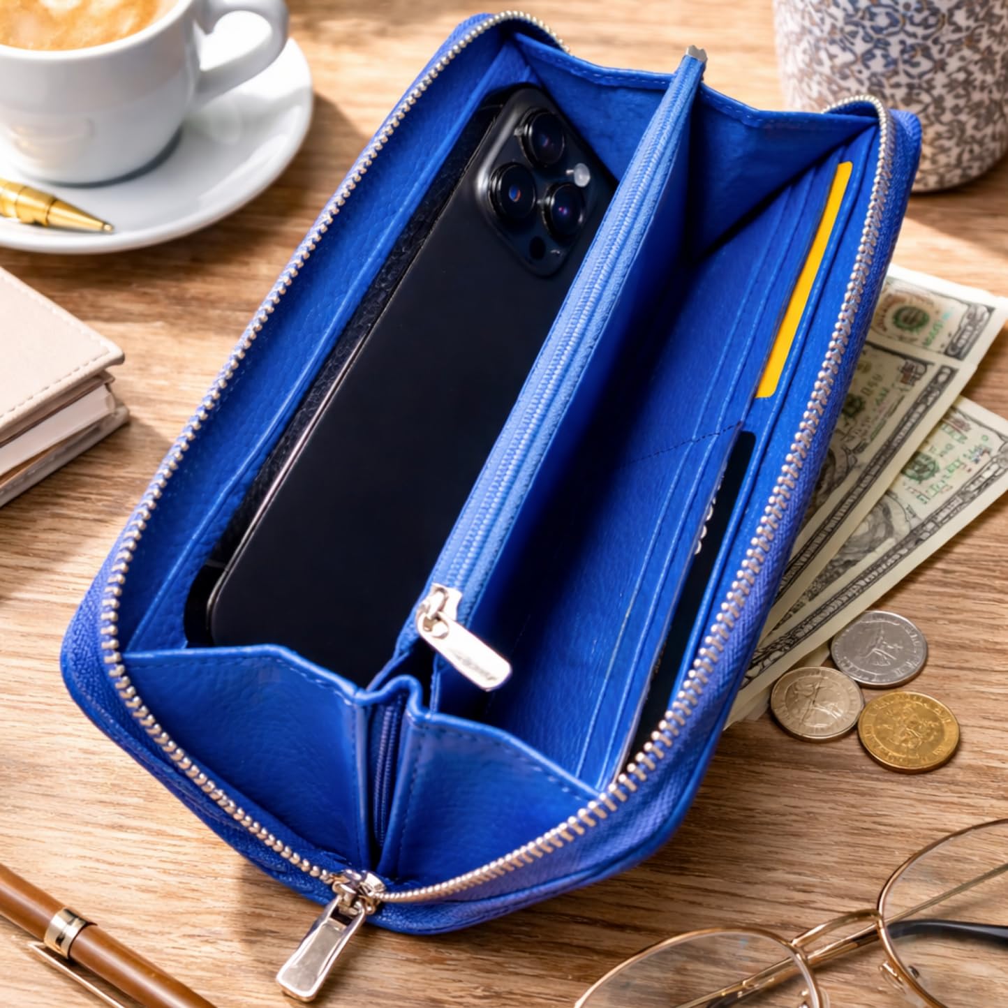 Ayaz Deri Genuine Leather Large Zipper Wallet -16 Card Slots, 2 Cash Compartments, Coin Pocket -Fits Phone -RFID Blocking (Blue)