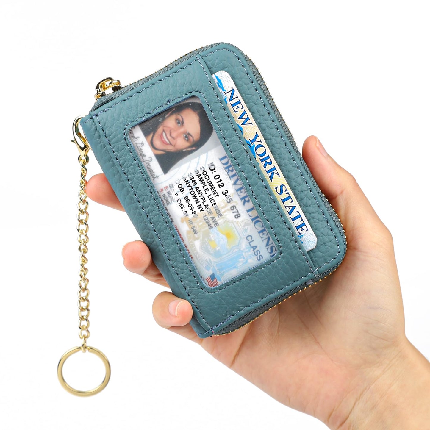 imeetu RFID Credit Card Holder, Small Leather Zipper Card Case Wallet with Keychain and ID Window for Women (Pro,Peacock Blue)