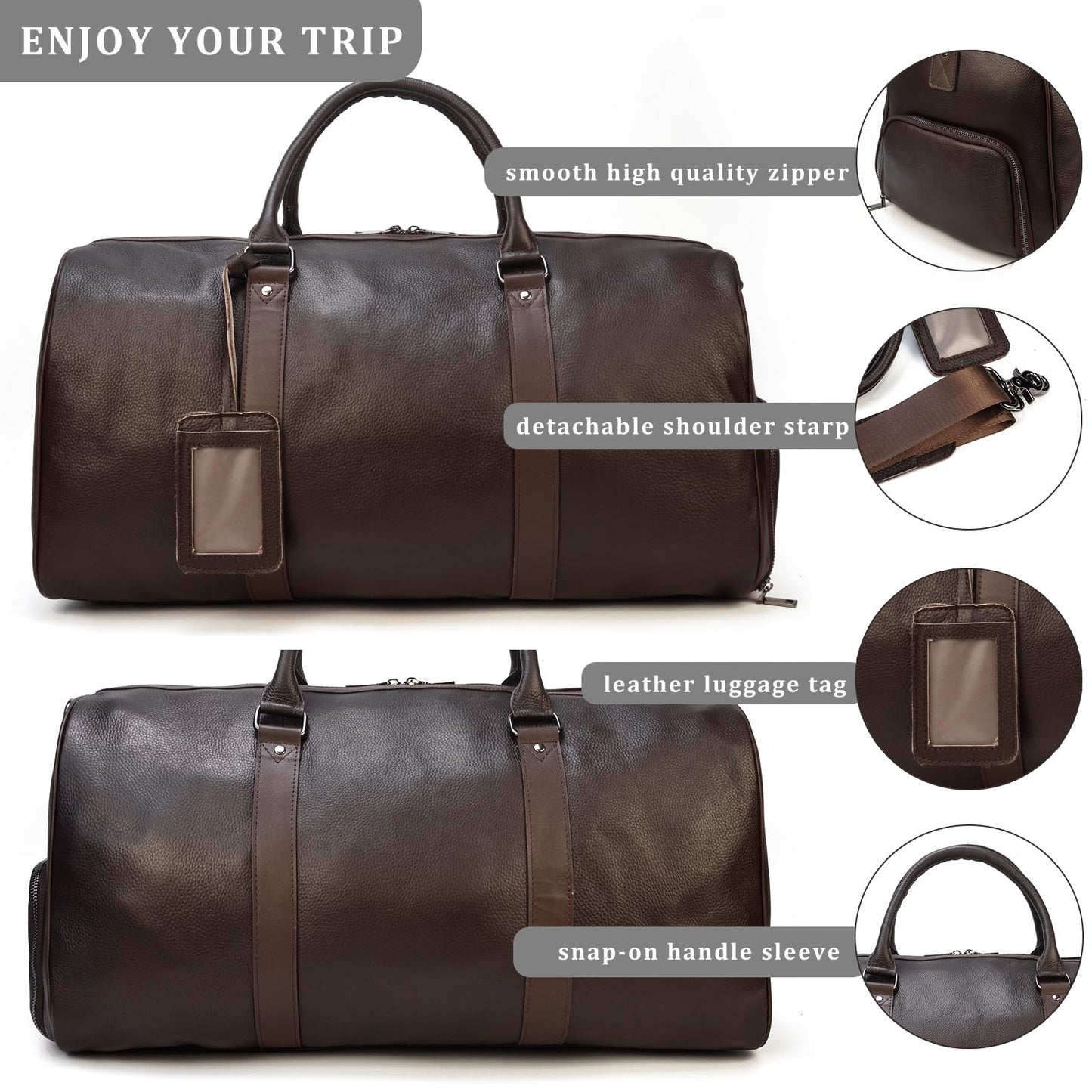 Leather Travel Duffle Bag with Shoe Pouch, Cabin Friendly Weekender Overnight Bags, Carry On Sports Gym Bag for Men Women
