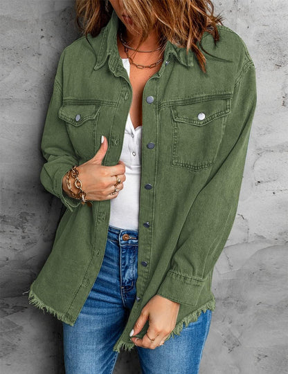 Vetinee Women’s Oversized Button Up Frayed Hem Shacket Long Sleeve Pockets Denim Jean Jacket