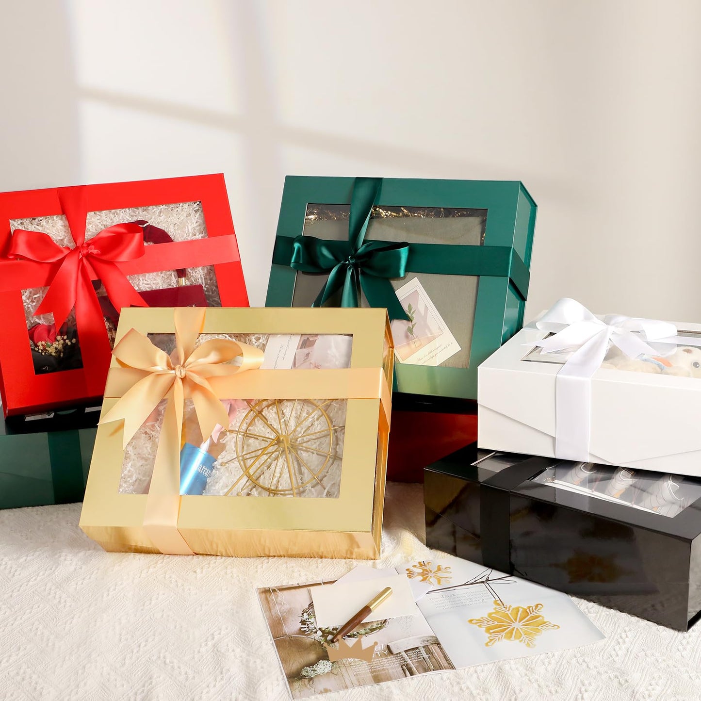 PACKQUEEN 5 Extra Large White Gift Boxes with Windows, 16.3x14.2x5 Inches Mother's Day Clear Gift Boxes for Presents Contain Ribbons, Cards, Bridesmaid Proposal Boxes with Magnetic Lids (Glossy White)