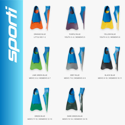 Sporti Adult-Kids Short Swim Fins, Floating Fin for Swimming & Snorkeling, Swim Flippers for Training - Blue/Blue - M 13-14 / W 14-15