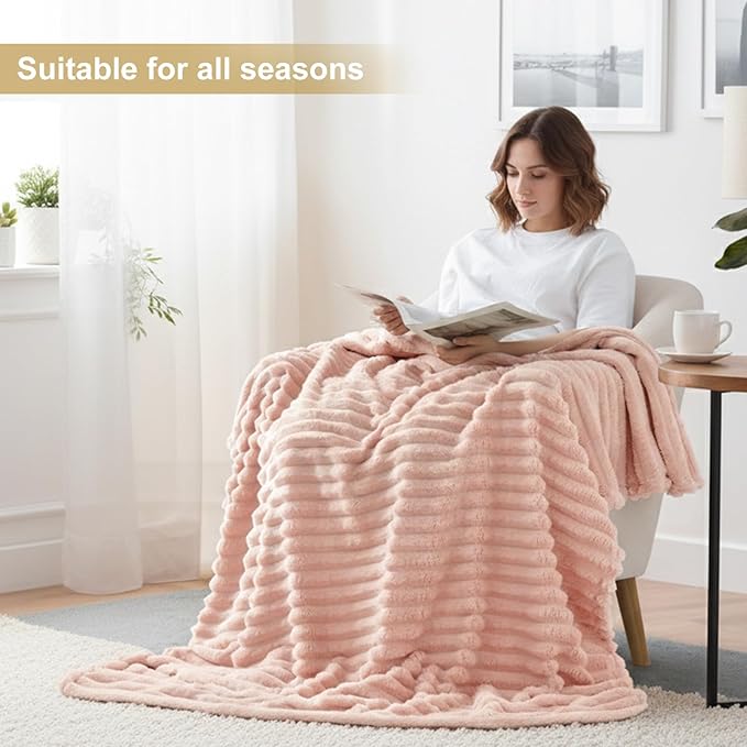 decorUhome Soft Fleece Pink Blanket Queen Size for Bed, Cozy Fluffy Plush Flannel Large Striped Throws for Couch Sofa, Lightweight Decorative Fuzzy Blanket for Woman, 90x90 Inches