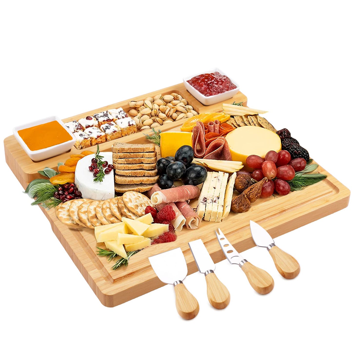 Charcuterie Boards and Knife Set - Bamboo Cheese Board - Wine Meat Cheese Tray Platter - Unique Housewarming Gifts, Anniversary Wedding Gifts for Couple, Bridal Shower Gift