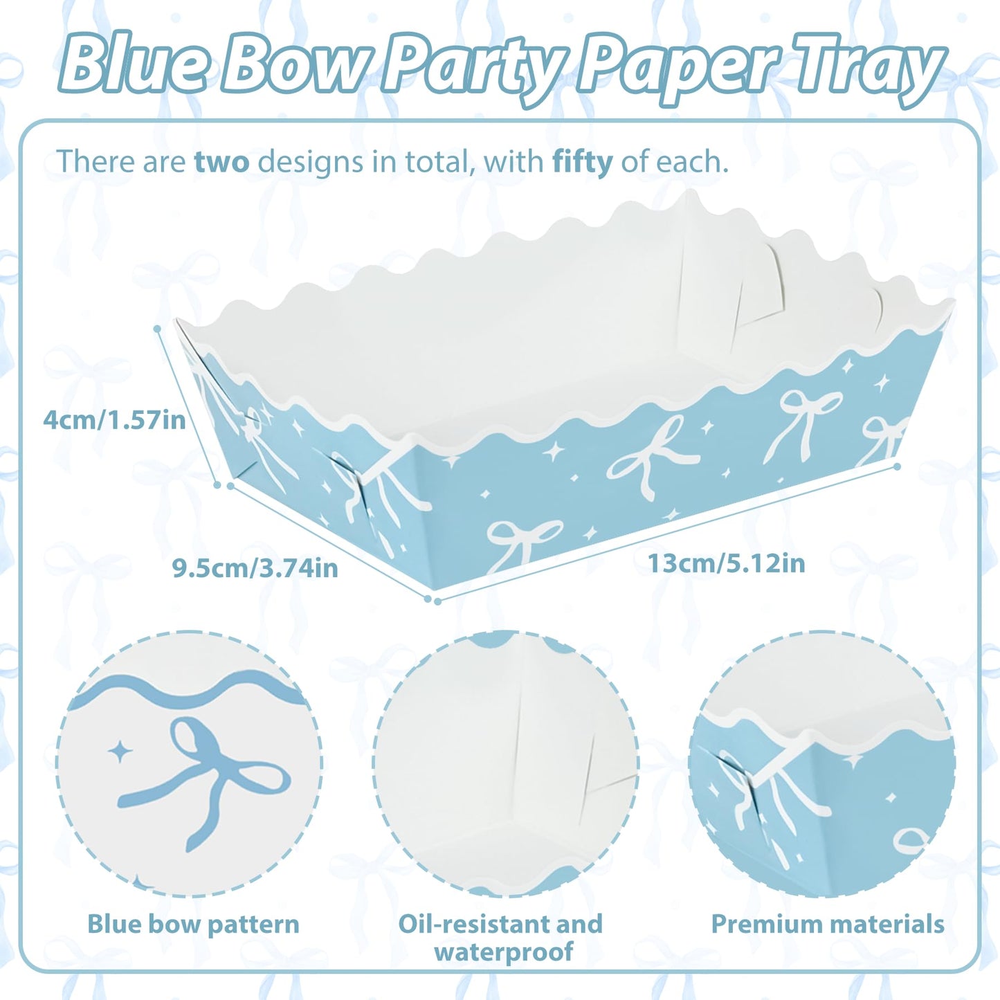 100 Pcs Blue Bow Paper Food Trays Blue Coquette Cookie Tray for Gift Giving Scalloped Food Serving Boat Disposable Trays for Serving Snack Bridesmaids Wedding Party Favors