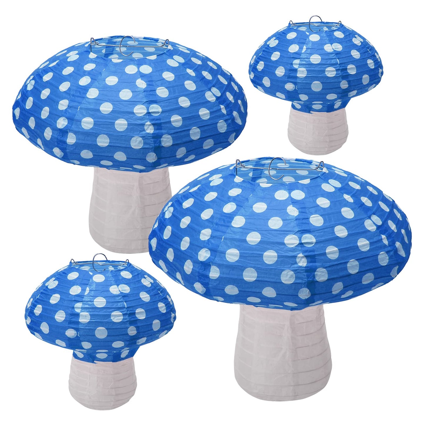 4Pcs Mushroom Shaped Paper Lanterns - Large Mushroom Shaped Lanterns For Nursery, Garden, Christmas Party Decoration - 8 inch, 12 inch (Blue)