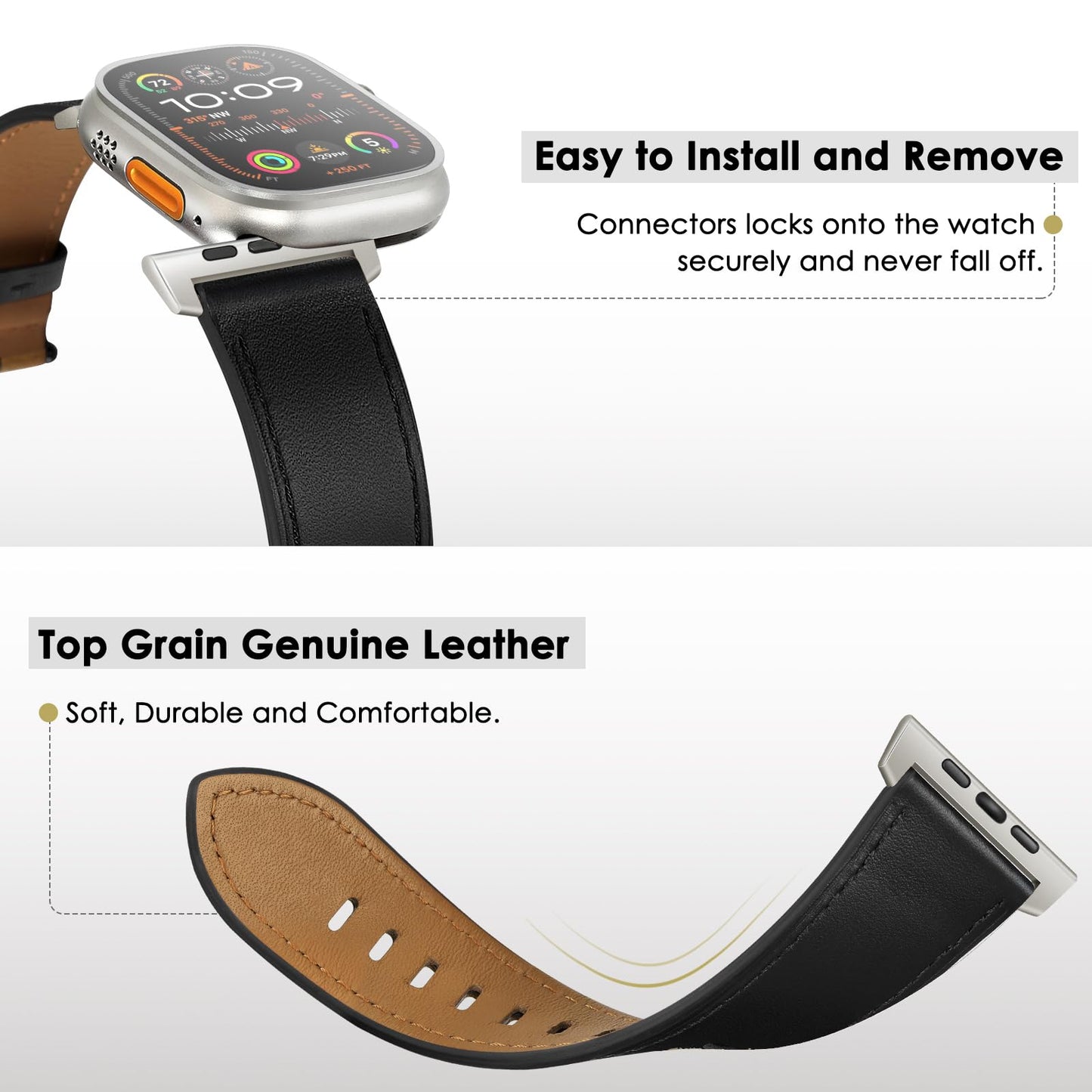 UUPWPOKT Leather Band Compatible with Apple Watch Ultra 3/2/1 Band 49mm 46mm 45mm 44mm 42mm Men, Genuine Leather Strap for iWatch Ultra Series 11 10 9 8 7 6 5 4 3 2 1 SE 3/2/1, Black/Titanium