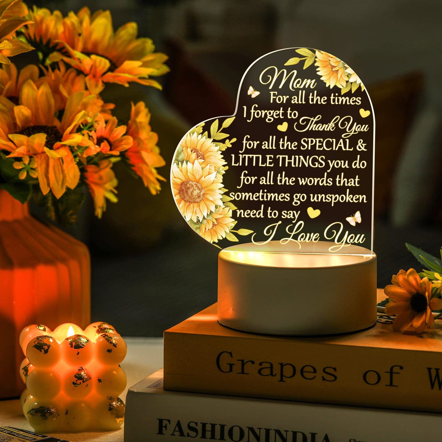 Jetec Mothers Day Birthday Gifts from Daughter Son Christmas Thank You Gift for Mom Sunflower Engraved Acrylic Heart Lamps USB Low Power Night Light Table Decor(Mom for All the Times)