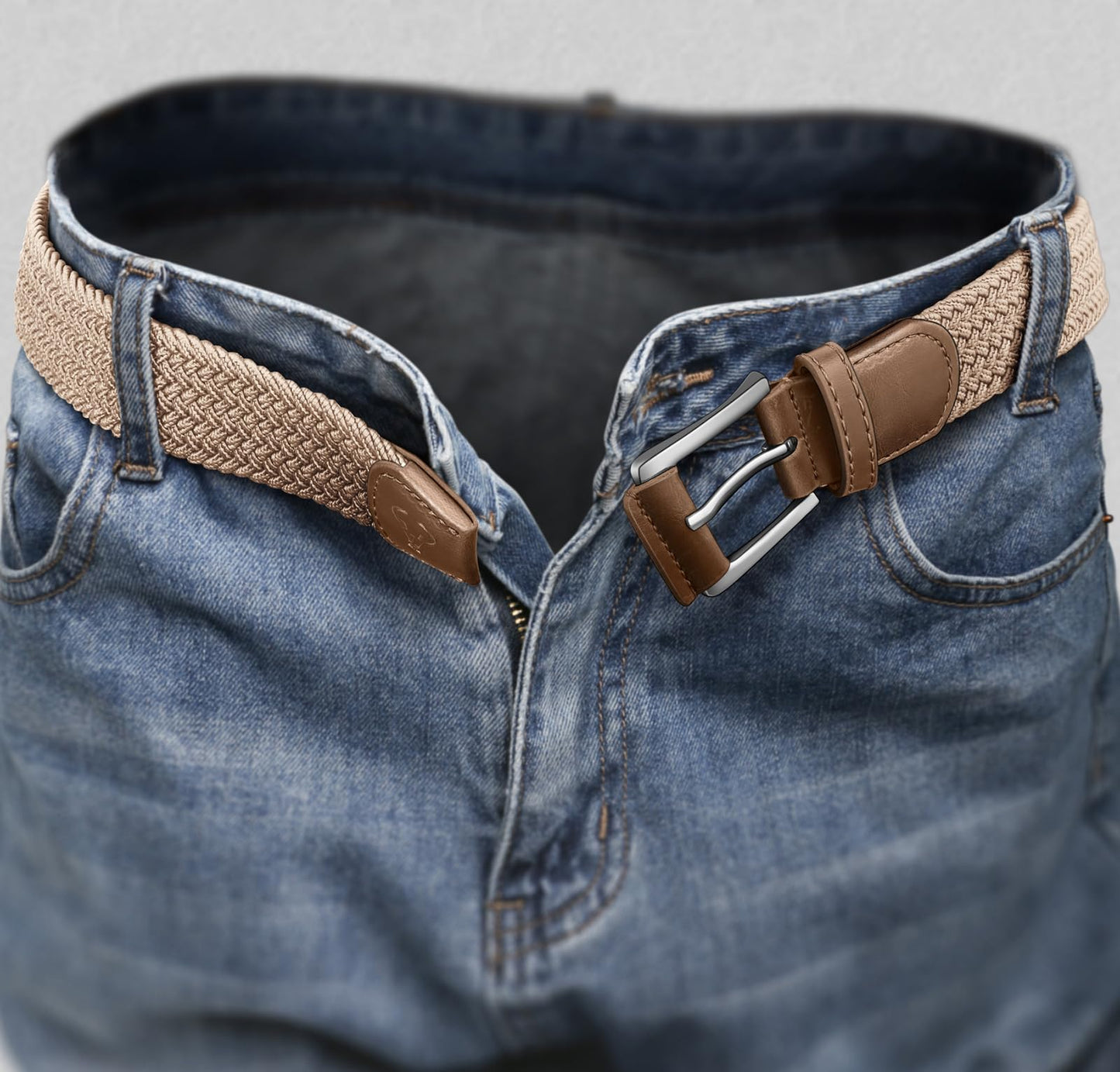 BULLIANT Belt for Men 2Pack,Mens Gift Stretch Braided Web Belt Elastic for Casual Golf Jeans,1 3/8"(Black/Beige,30"-34" Waist Adjustable)