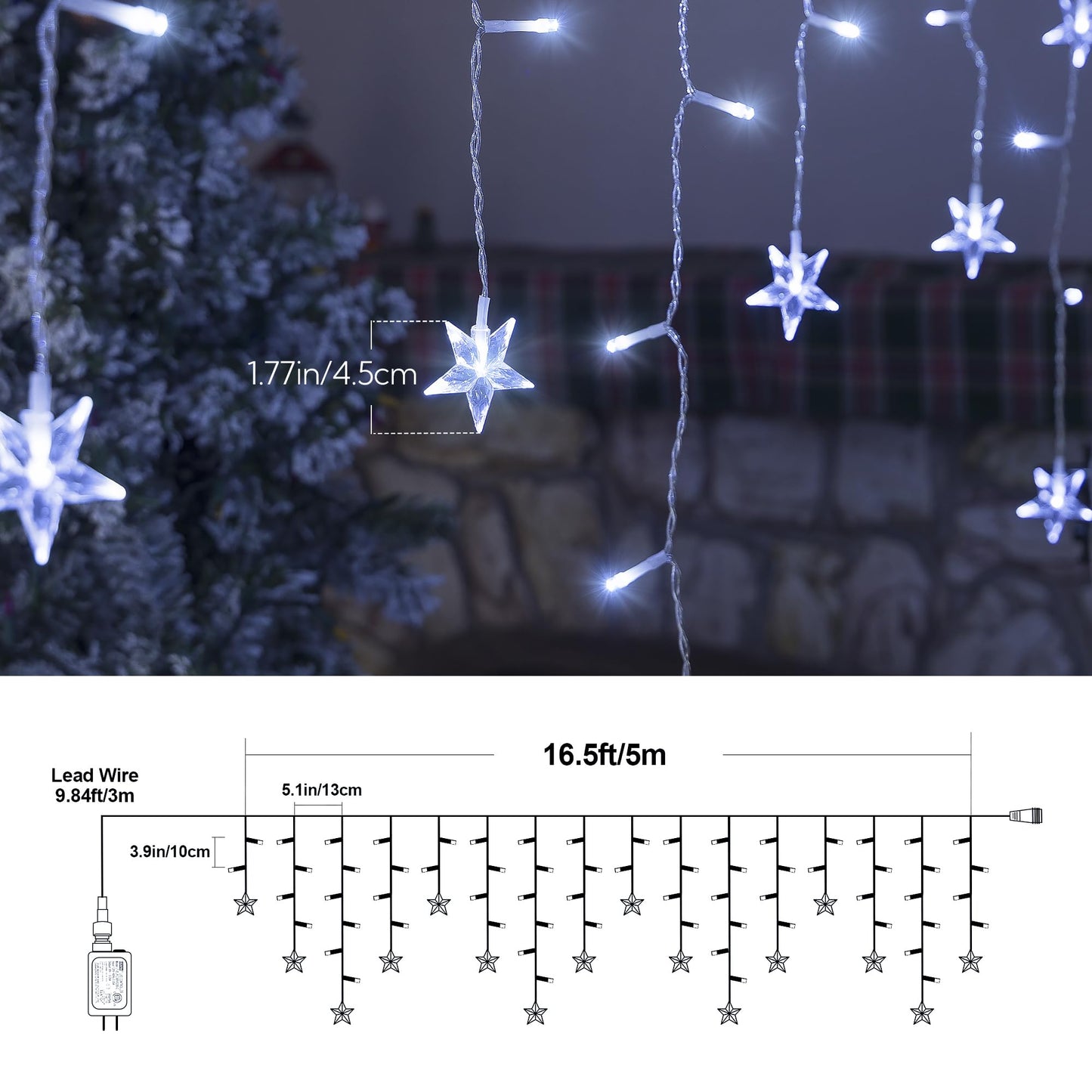oopswow 16.5FT 200 LED Icicle Lights Outdoor, White Icicle Curtain Light,40 Drops 8 Modes with Timer Star Light,Hanging String Lights for Backdrop,Wedding,Party, Holiday,Xmas Decor,White