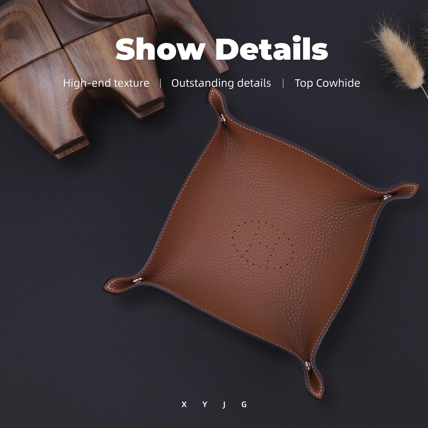 XYJG Valet Tray Desktop Storage Organizer - Genuine Cowhide Leather Bedside Vanity Tray - Catchall Nightstand Caddy Holder for Phone, Wallet, Coin, Jewelry (Gold)