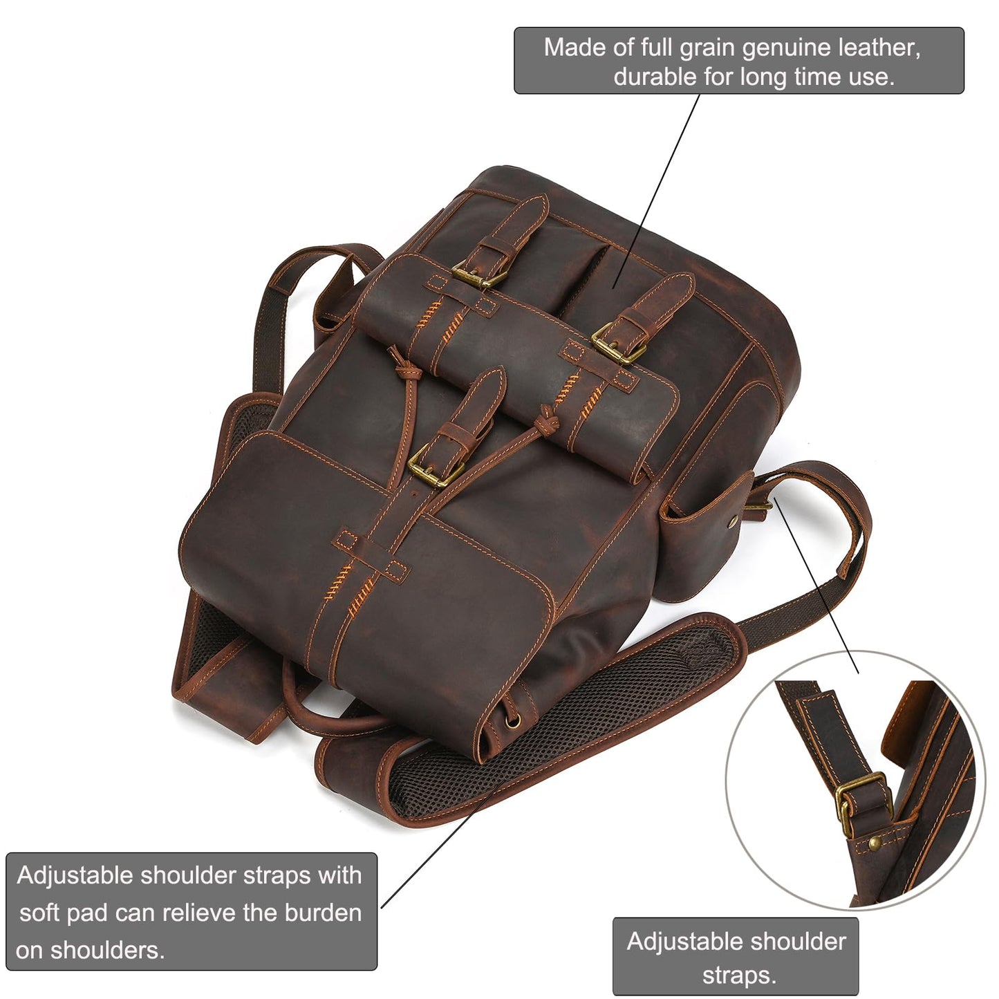 LUUFAN Genuine Leather Backpack for Men Casual 15.6 Inch Laptop Shoulder Bag Rucksack with Anti-Theft Pocket Travel Daypack, Coffee