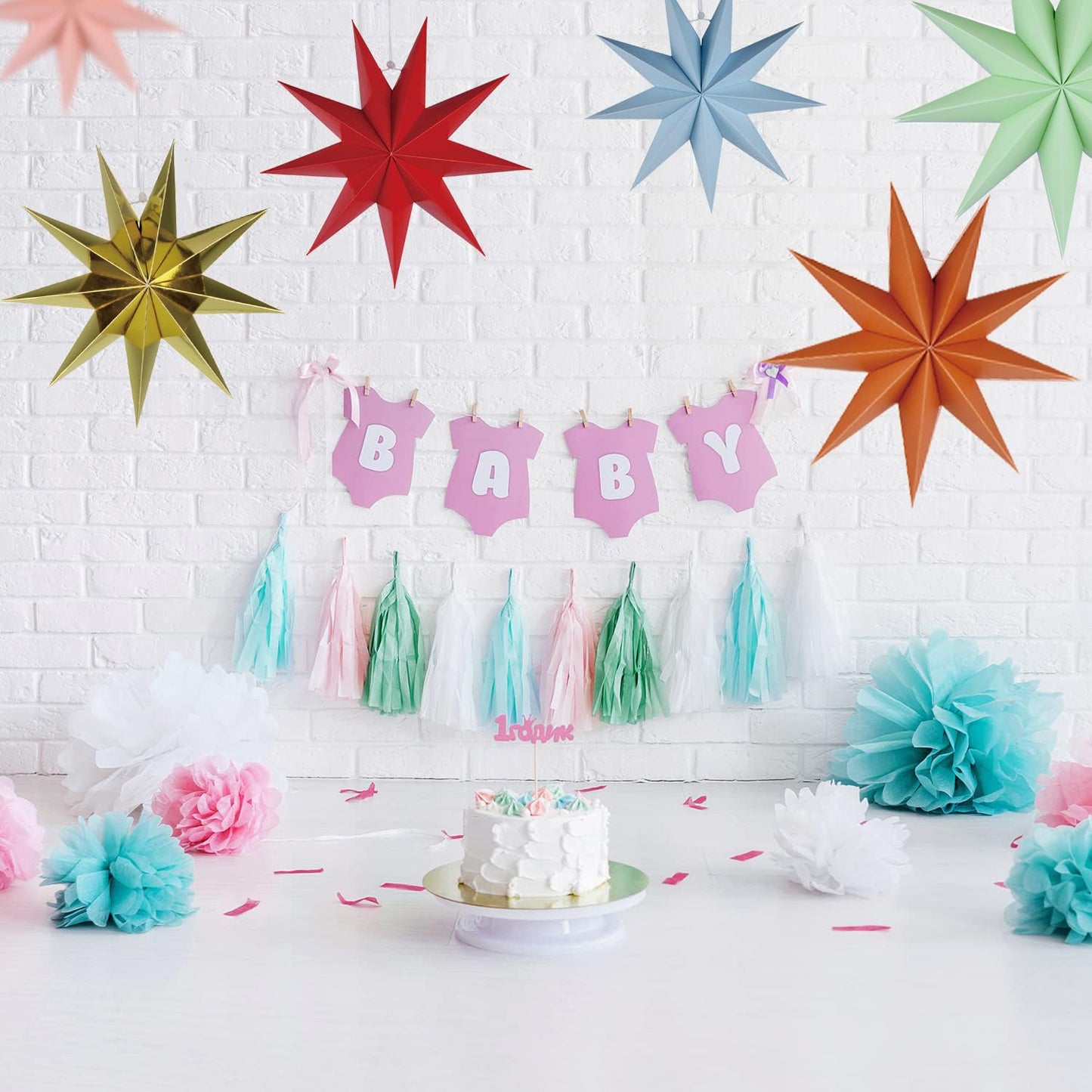 5Pack 9-Pointed Paper Star Lantern 11.8 inch Hanging Paper Lampshade for Winter Wonderland Xmas Day Decoration Wedding Birthday Party Home Decor (Gold)