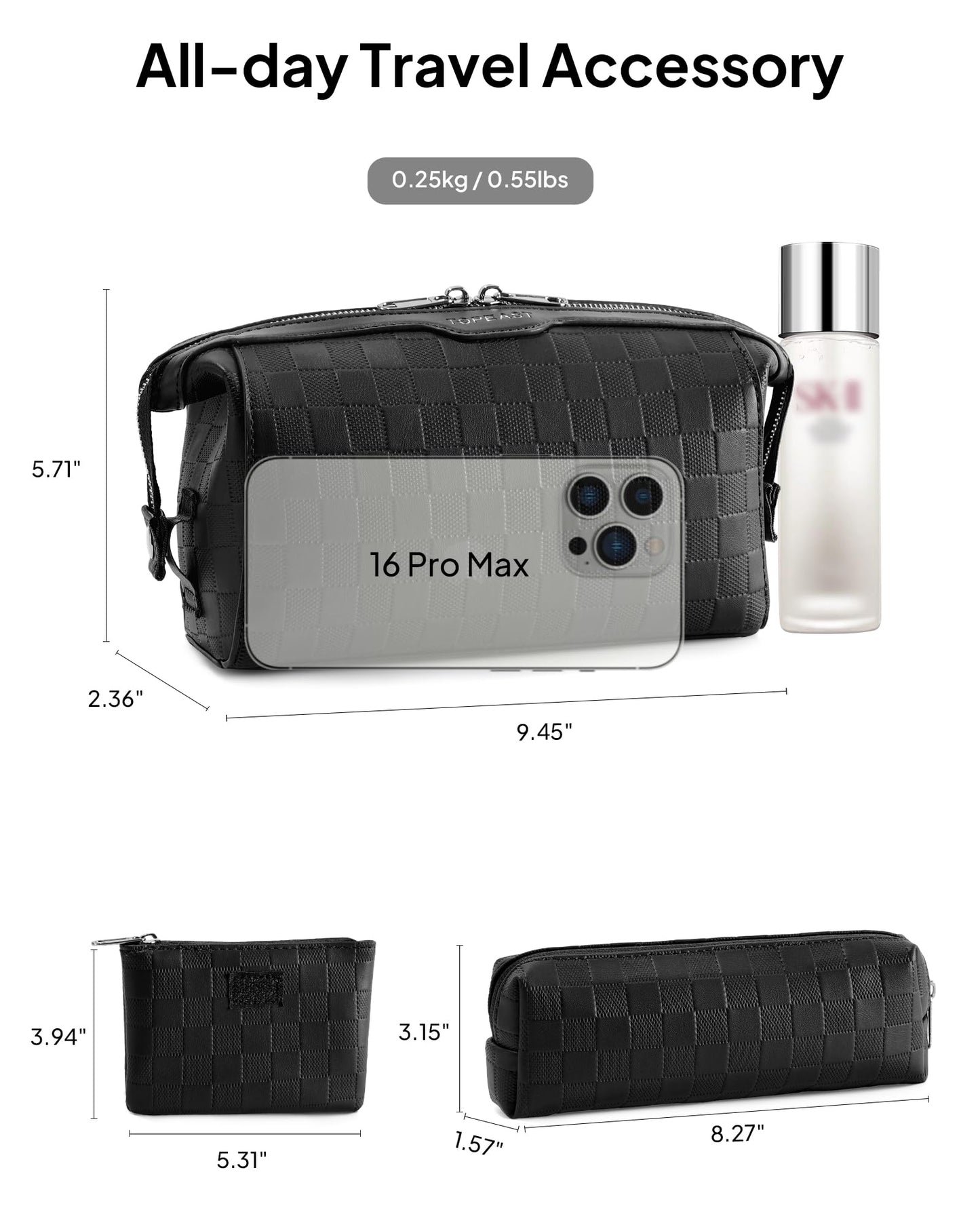 TOPEAST Travel Makeup Bag Cosmetic Bags for Women, 3 Pcs Set Make Up Toiletry Bag with Removable Zip Pouch, Waterproof Leather Makeup Brush Organizer for Travel Essentials, Black