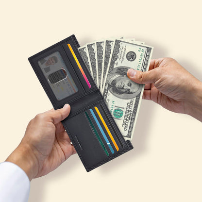 RFID Blocking Bifold Wallet | Genuine Leather | 1 ID | Multiple Credit Cards Slot | Minimalist Black Wallet For Men