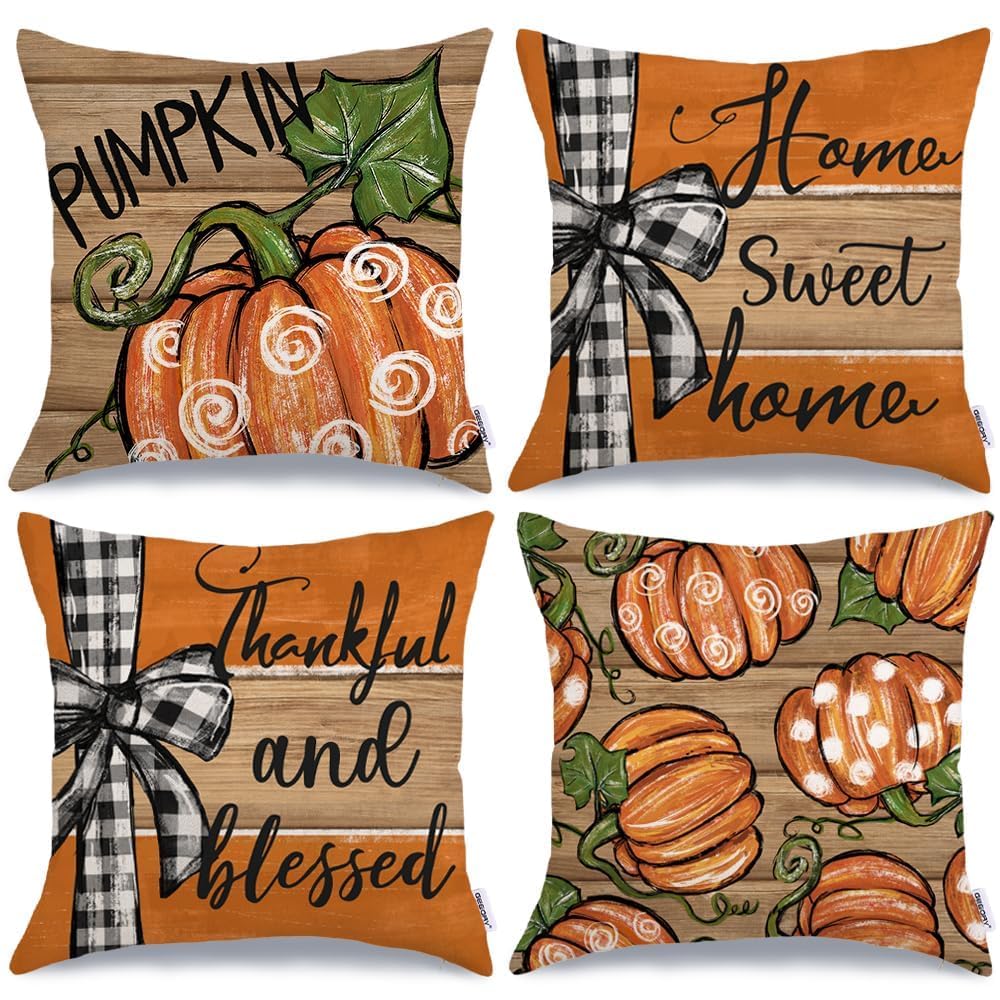GEEORY Fall Wood Pumpkin Buffalo Plaid Sweet Home Pillow Covers 18x18 Set 4