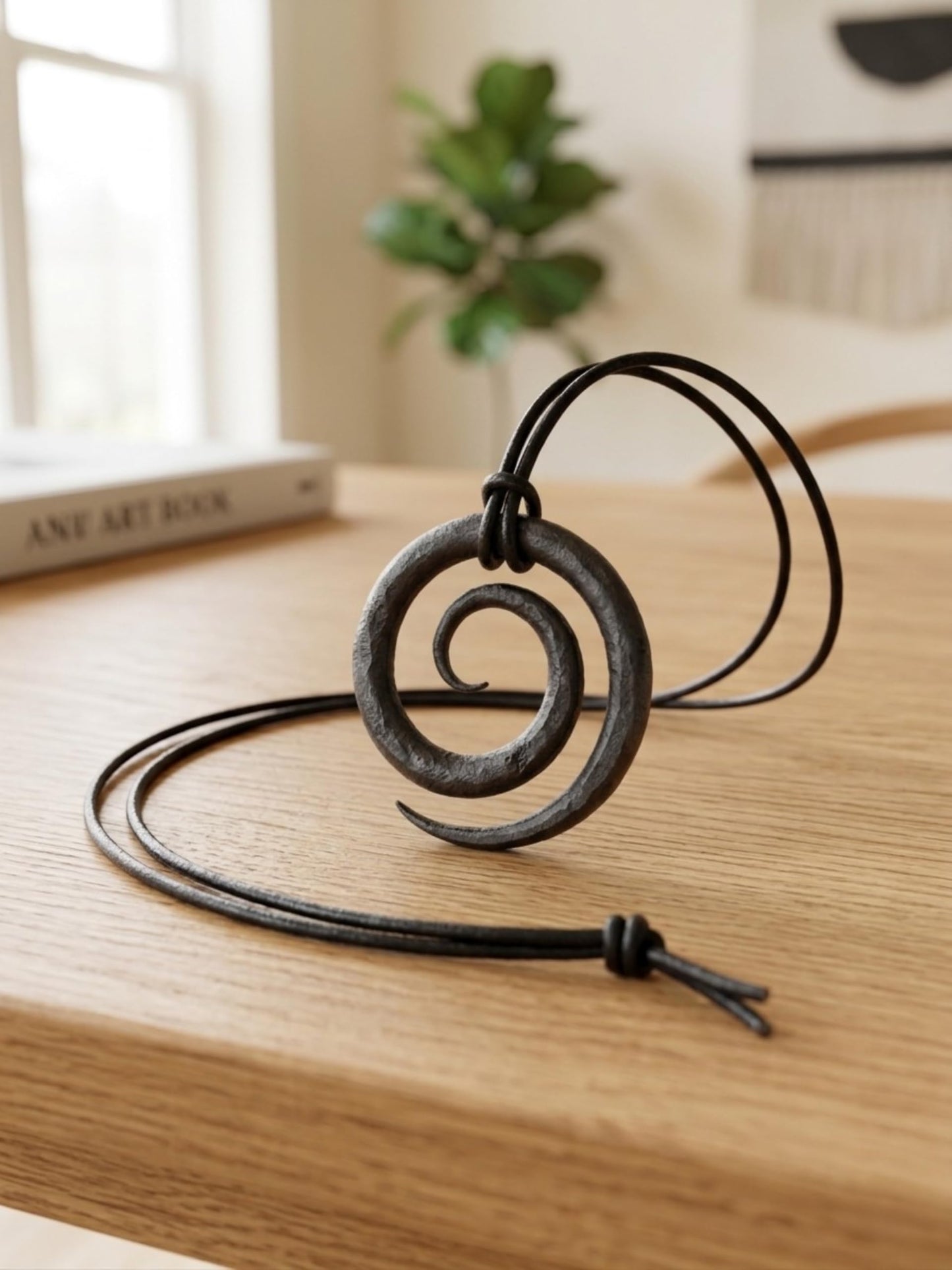 THEREALREYAZ Hand Forged Wrought Iron Celtic Spiral Necklace with Pure Leather Rope | Handmade Rustic Iron Pendant | Adjustable Cord | Unique Artisan Jewelry Gift for Men & Women