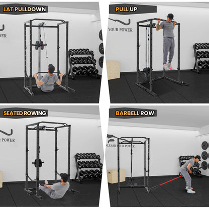 Power Cage with LAT Pulldown Machine - Squat Rack for Home Gym, Multi-Functional Weight Cage with Cable Pulley System, Dip Bars & Landmine Attachment