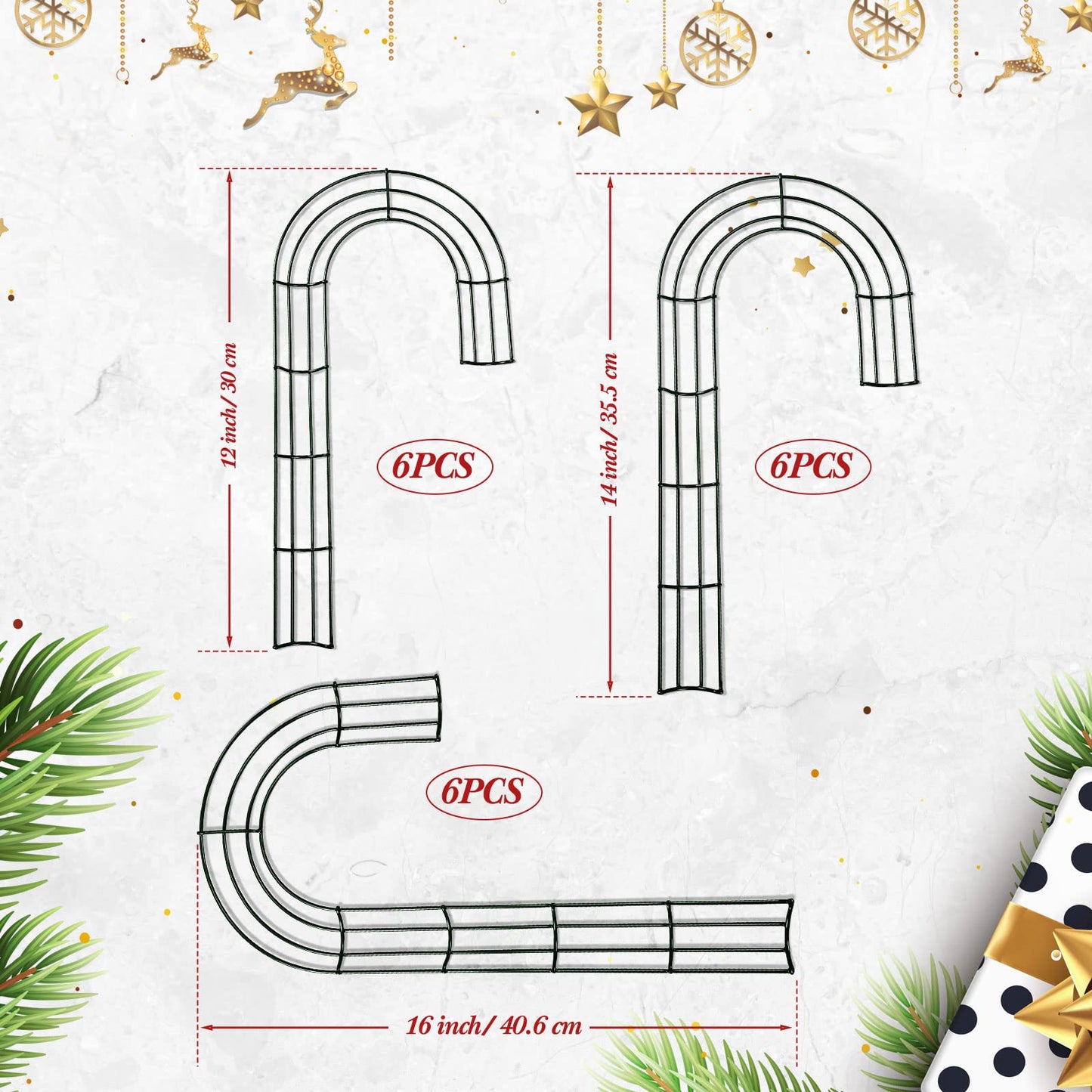 6 Pieces Christmas Candy Cane Shaped Wire Wreath Frame Holiday Metal Wire Flower Wreath J Letter Rings for DIY Christmas New Year Valentines Party Decoration (16 Inches)