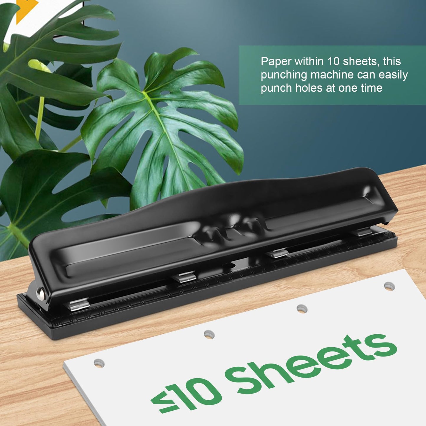 Adjustable 4-Hole Paper Puncher for A4 Refills - 10 Sheet Capacity - Portable Manual Tool with 6mm Hole Diameter - Black Desktop Ring Puncher for Office and School Supplies 999D