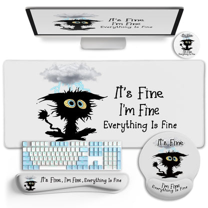 LIMKRIAN Desk Mat Set, Large Gaming Mouse Pad with Wrist Rest, Ergonomic Mouse Pad Keyboard Mat Wrist Support, Cup Coaster, Home Office Desk Accessories Decor Supplies, Funny Black Cat